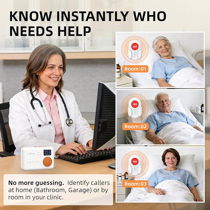 CallToU Caregiver Pager Wireless Call Button 500FT for Elderly Monitoring Vibration Call Bell Medical Alert System with Digital Display Low Power Reminder 2 Portable Receiver 2 SOS Call Button