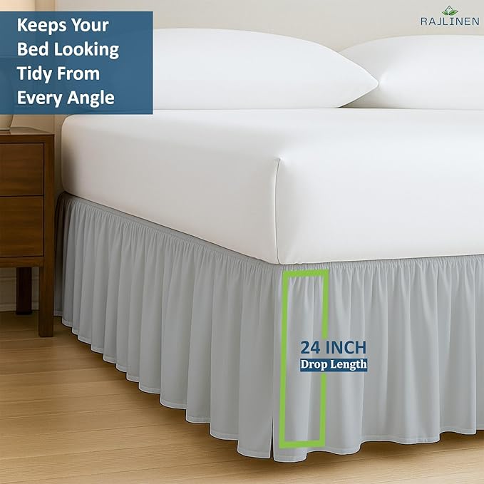 Rajlinen Ruffled Bed Skirt Twin, 24 Inch Drop Dust Ruffle with Split Corners, 100% Microfiber Bedskirt with Platform, Three-Sided Coverage Ruffled Gathering Design, Light Grey