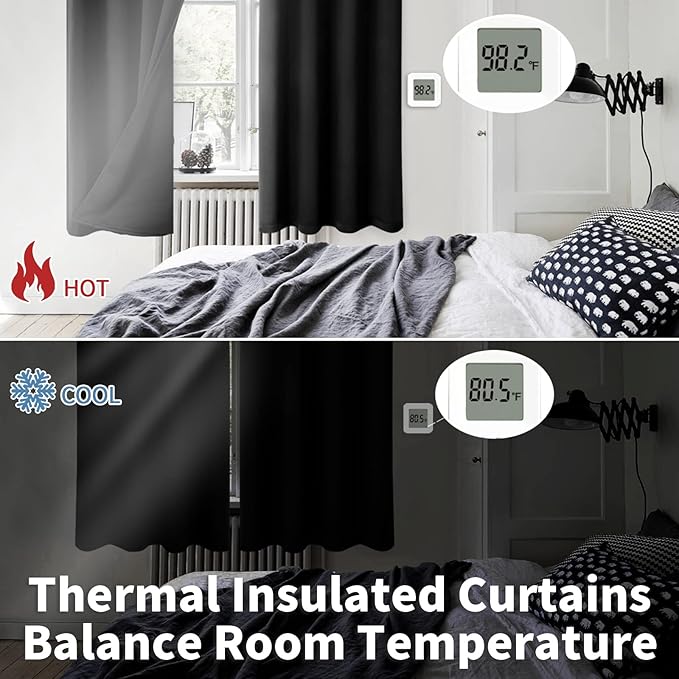 BGment Thermal Insulated 100% Blackout Curtains for Bedroom with Black Liner, Double Layer Full Room Darkening Noise Reducing Grommet Curtain (42 x 84 Inch, Black, 2 Panels)