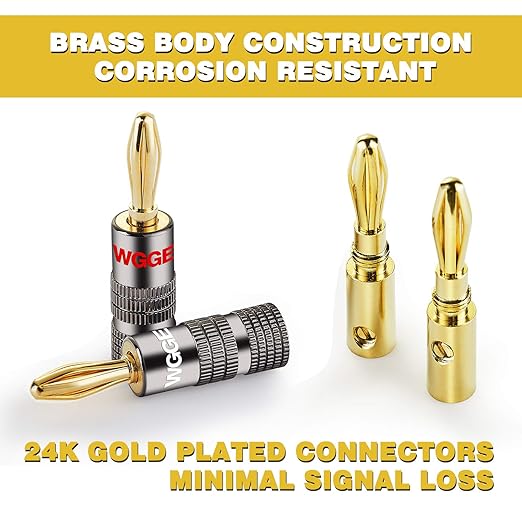 WGGE WG-029 Banana Plugs Audio Jack Connector, 24k Gold Dual Screw Lock Speaker Connector for Speaker Wire, Wall Plate, Home Theater, Audio/Video Receiver, and Sound Systems ((12 Pairs (24 Plugs)))