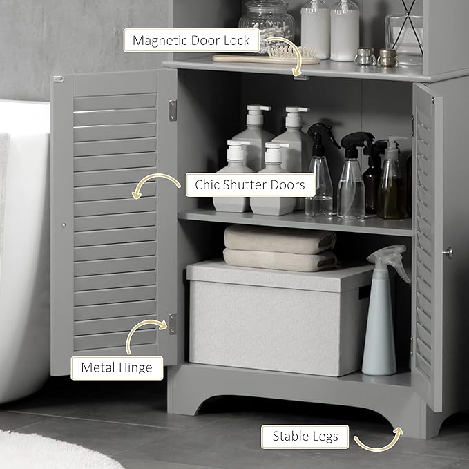 HOMCOM Tall Narrow Bathroom Storage Cabinet with Doors and Shelf Adjustability, Freestanding Linen Cabinet with 2 Cabinets and Countertop, Gray