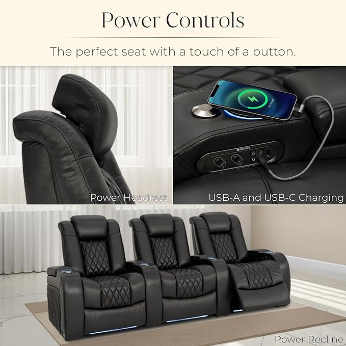 Seatcraft Diamante Zero-Gravity CoolZero Italian Leather Home Theater Seating, Power Headrest, Power Recline, Row of 3 Right Loveseat, Black