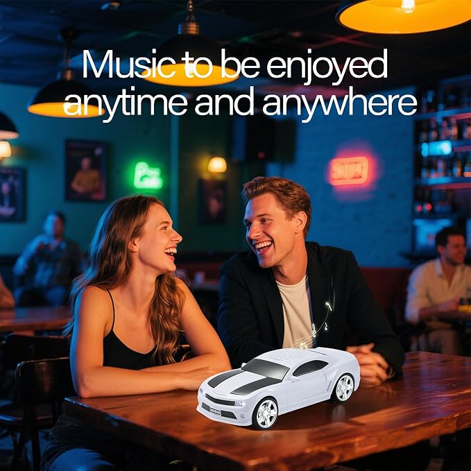 WSTER Sports Car Model Bluetooth Speaker with Stereo Sound, TWS Pairing, LED Party Lights, USB/TF Playback, Movable Wheels, Unique Retro Car Gifts (White)