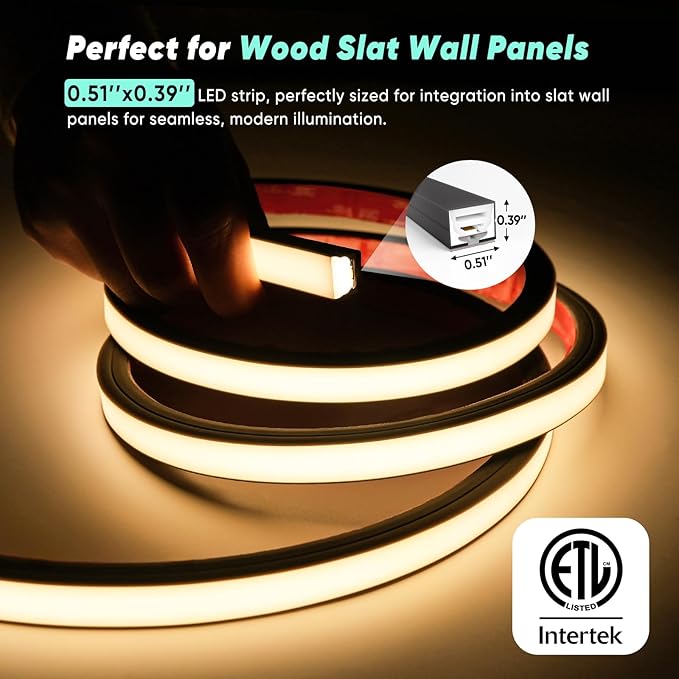 GZBtech Flexible LED Recessed Strip Light for Wood Slat Wall Panels 33FT, 3000K Warm White Cuttable Neon Rope Lighting with Remote Control, Dimmable IP67 Waterproof Black Strip Lights, ETL Listed