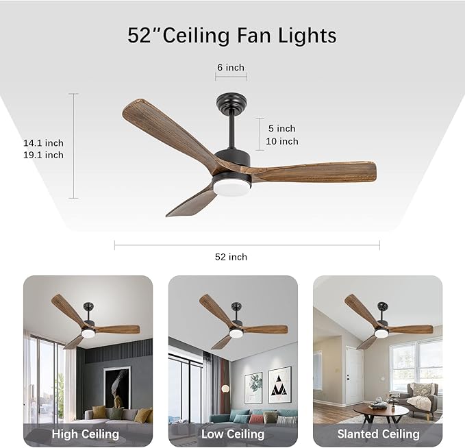 revoici 52" Ceiling Fans with Lights and Remote Control, Indoor Outdoor Ceiling Fans Farmhouse, Timing 6 Speeds 3 Color Light with Memory Lighting Function