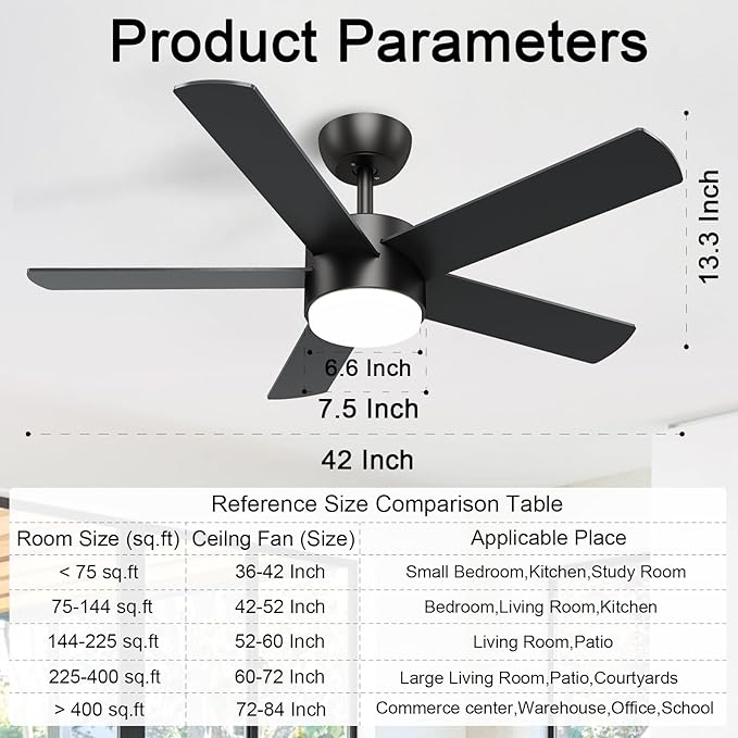 POCHFAN 42 inch Black Ceiling Fans with Lights and Remote Control, LED Ceiling Fan Dimmable 3 CCT 6-Speed, Noiseless Modern Ceiling Fan for Bedroom, Living Room, Dining Room, ETL Listed