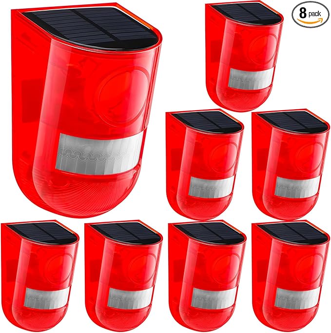 Qualirey 8 Pack Solar Sound and Light Alarm Motion Sensor 129db Outdoor Security Siren Waterproof Motion Activated Detector Alarm 6 LEDs Flash Warning Strobe System for Home, Farm (Red)