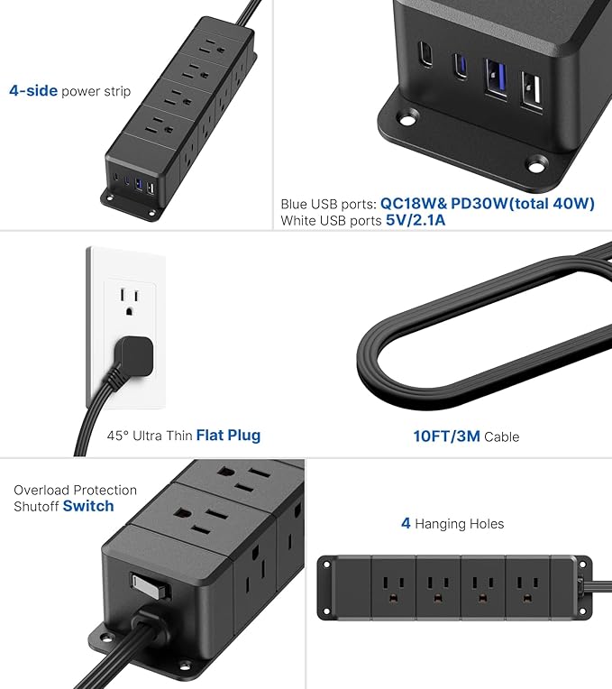 30W USB C Power Strip Surge Protector,4 Side 12 Outlets Desk Power Strip with Ultra Thin Flat Plug,PD Fast Charing,2 USB-C,2 USB-A(4 USB Total 40W),10ft Flat Extension Cord with Multiple Outlets,1200J