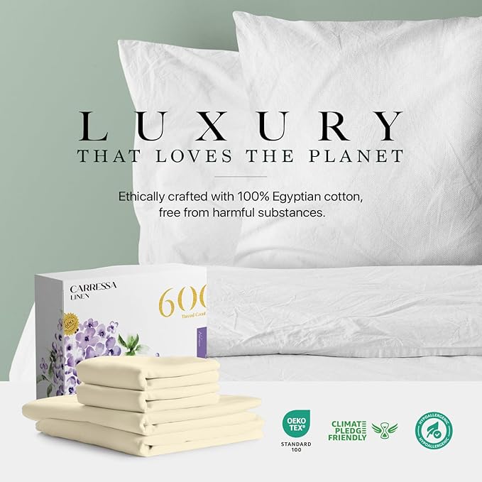 Carressa Linen California King Egyptian Cotton Sheet Sets - 600 Thread Count Cal King Cotton Sheet Set (4 PC, Ivory Cream), Extra Soft, Cooling, 16" Deep Pocket Sateen Weave Luxury Hotel Bed Sheets