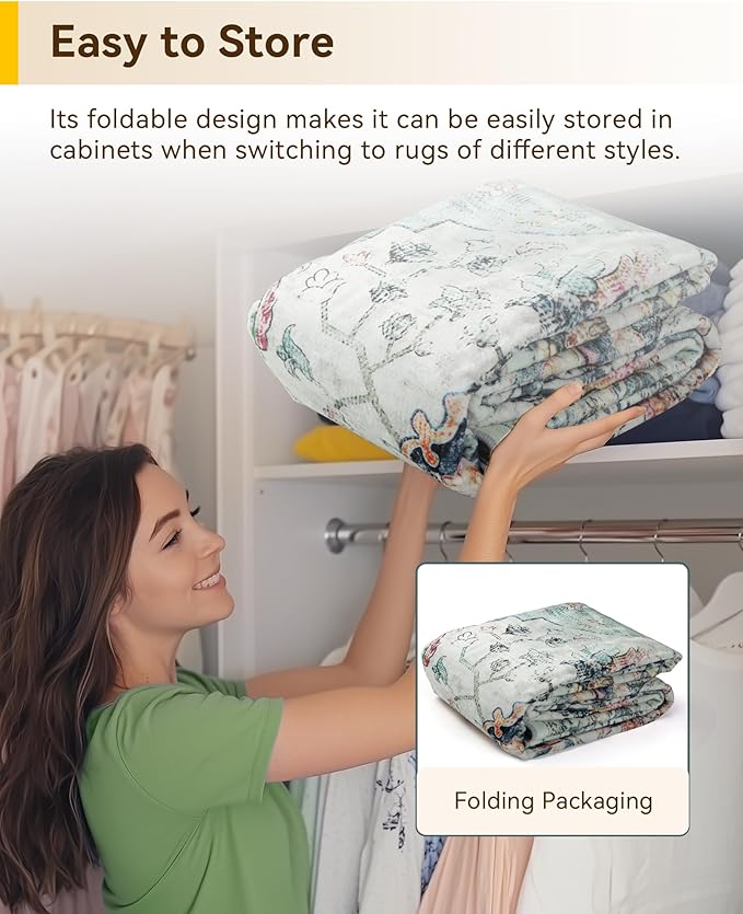 Area Rugs 9'x12' Washable Non-Slip, Floral Vintage Distress Print Pattern Medallion Carpet for Living Room Bedroom Dining Room, Green Navy Blue White Red Teal Colorful