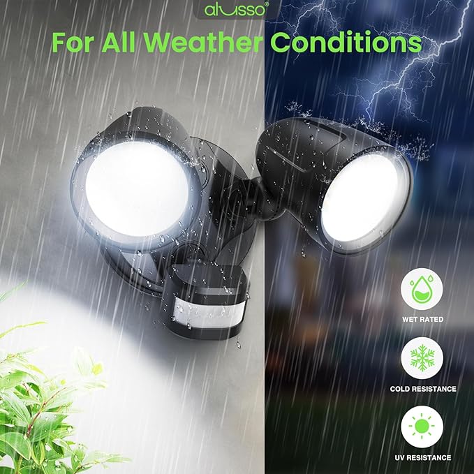 ALUSSO Motion Sensor Outdoor Lights Metal Heads, 30W Flood Lights Outdoor 3600LM, 3 Modes Dusk to Dawn/Auto/On Time, 3000K 4000K 6500K Adjustable, Hardwired Security Light ETL Listed, Black 1PC