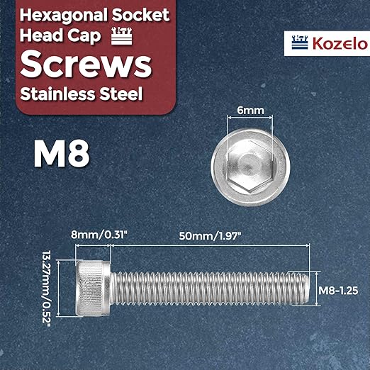Kozelo 5pcs Socket Head Cap Screws - [M8-1.25 x 50mm] 304 Stainless Steel Allen Socket Drive for Electrical Motor 3D Printing Fan Engine Replacement Use, Silver
