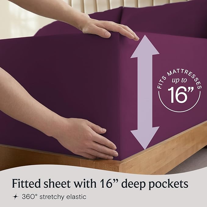 LuxClub 4 PC King Sheet Set, Deep Pockets Wrinkle Free Cooling Bed Sheets Hotel Bedding for Women, Men, Includes 1 Fitted Sheet, 1 Flat Sheet and 2 Pillowcases-Soft Eggplant