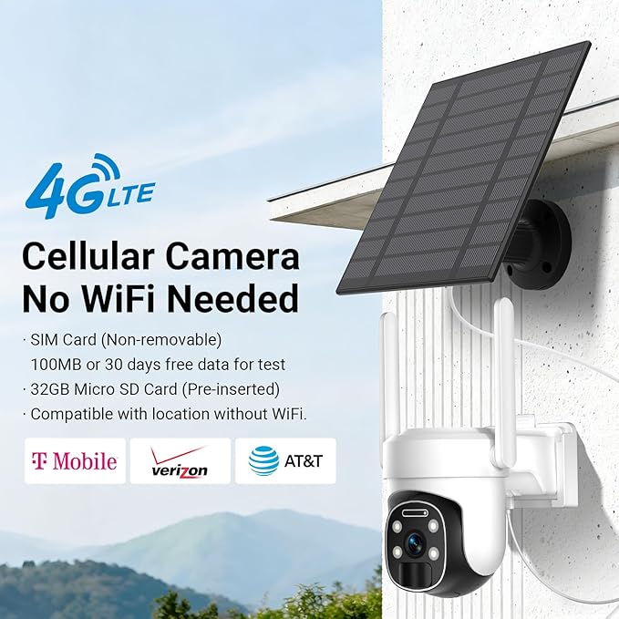 HUEVUE 4G LTE Cellular Security Camera Wireless Outdoor, 2K No WiFi Security Cellular Camera Solar Powered with Color Night Vision, PIR Motion Sensor AI Tracking for Farm/RV Update