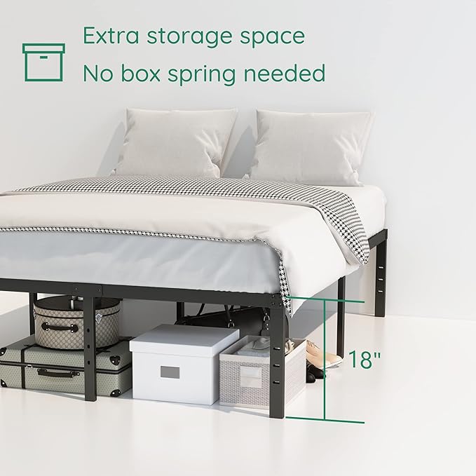 18 Inch Full XL Bed Frame Heavy Duty Metal Platform No Box Spring Needed, Maximum Storage, Easy Assembly, Noise Free, Black