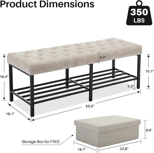 55.5" End of Bed Bench, Modern Chenille Button Tufted Bedroom Bench, Upholstered Storage Shoe Bench with Metal Base, Dinning Table Bench for Living Room, Bedroom, Entryway, Light Brown