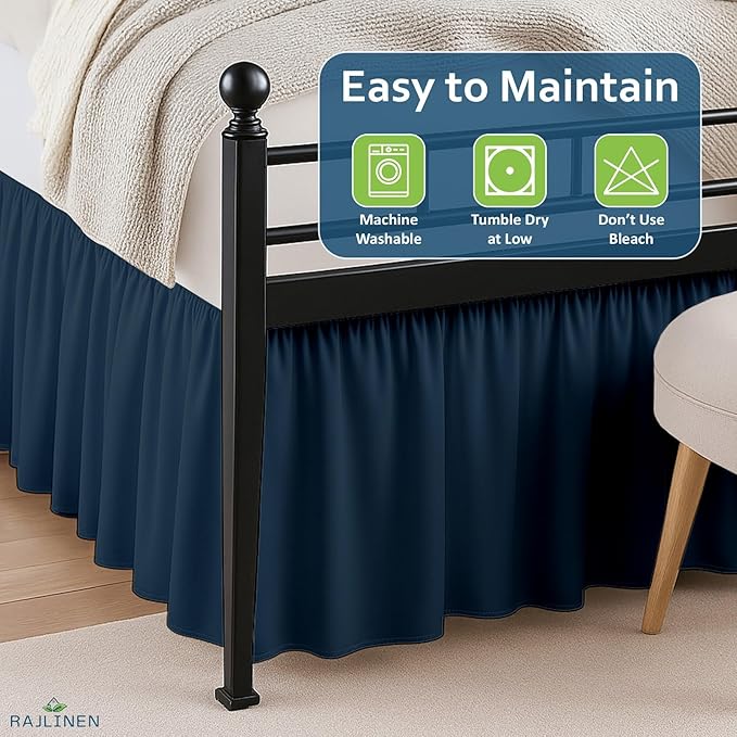 Rajlinen Ruffled Bed Skirt Twin, 21 Inch Drop Dust Ruffle with Split Corners, 100% Microfiber Bedskirt with Platform, Three-Sided Coverage Ruffled Gathering Design, Navy Blue