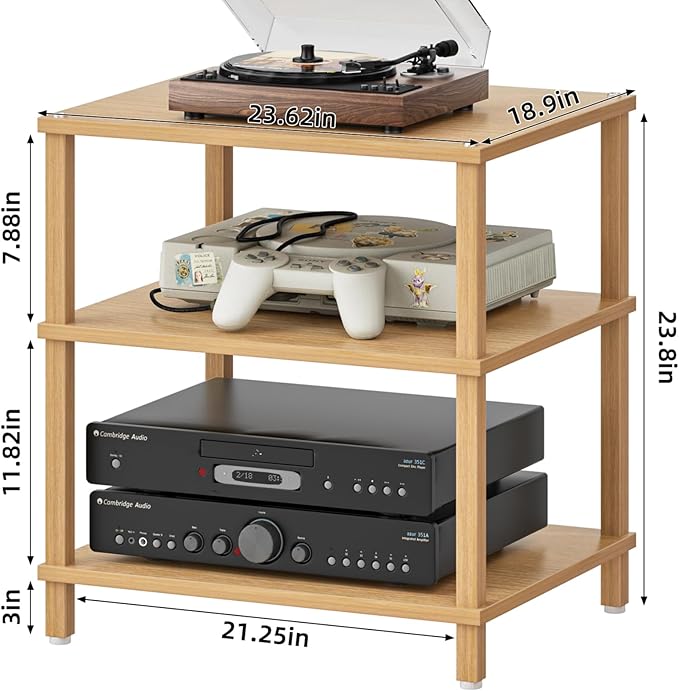 LELELINKY 3-Tier AV Media Player Stand Set of 2, Natural Stereo Cabinet, Wooden TV Stand,Game Console Shelf, Multifunctional Entertainment Center, Suitable for Home, Conference Room, Game Studio