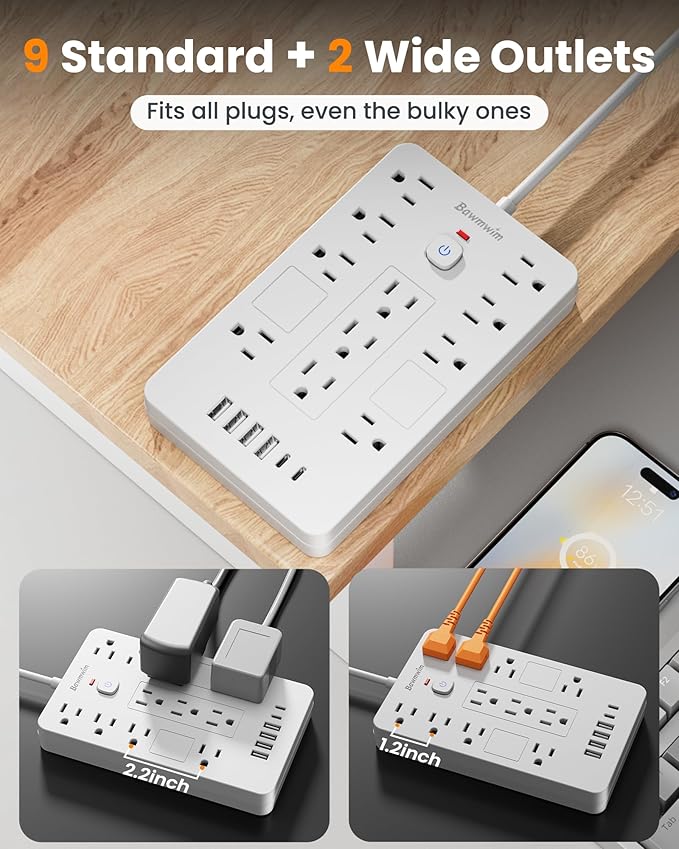 Bawmwim Surge Protector Power Strip - 11 Outlets(1850W/15A) with 6 USB Ports(2 USB C), 10FT Flat Plug Extension Cord, Wall Mount, White, ETL Listed for Home, Dorm Room