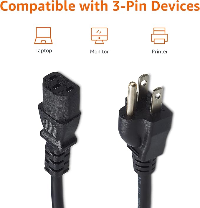 Amazon Basics Computer Monitor TV Replacement Power Cord - 10 ft, 24 count (Pack of 1), Black