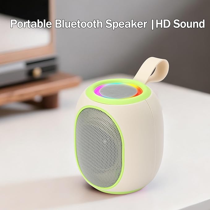 Portable Bluetooth Speaker – 8W HD audio quality, TWS stereo pairing, LED light show, compact and portable, suitable for outdoor use, can be used in cars, travel and parties, a cool teen gift(Beige)