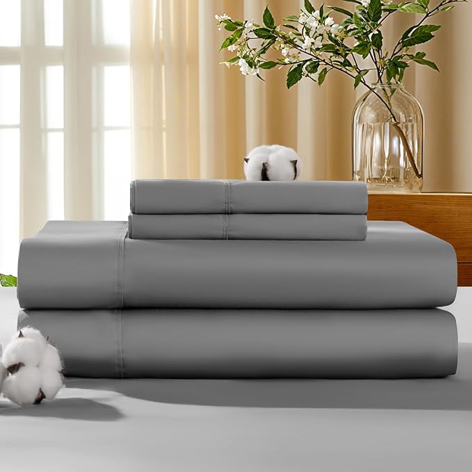 LBRO2M 100% Cotton Sheets Set Deep Pocket 19", 1000 Thread Count Full Size 4 Piece Bed Sheet Sets Soft Comfortable Bedding All Season (Full, Gray)