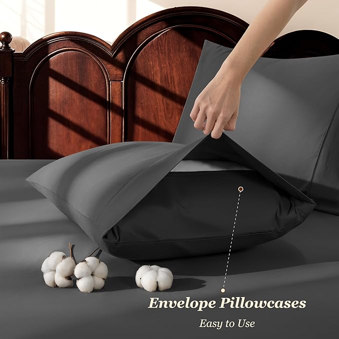 LBRO2M 1000 Thread Count 100% Egyptian Cotton Sheets Set,Full Size Bed Sheet 4 Piece Sets,Long Staple,16 Inches Deep Pocket,All Season,Bedding Super Soft Breathable,Sateen Weave (Black)