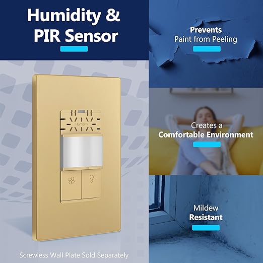 LIDER Humidity Sensor Switch and Motion Sensor Light Switch, PIR Sensor, Humidity Detection, Occupancy/Vacancy, No Neutral Required, ¼ HP, 1-Pole, Gold, Screwless Wall Plate Included