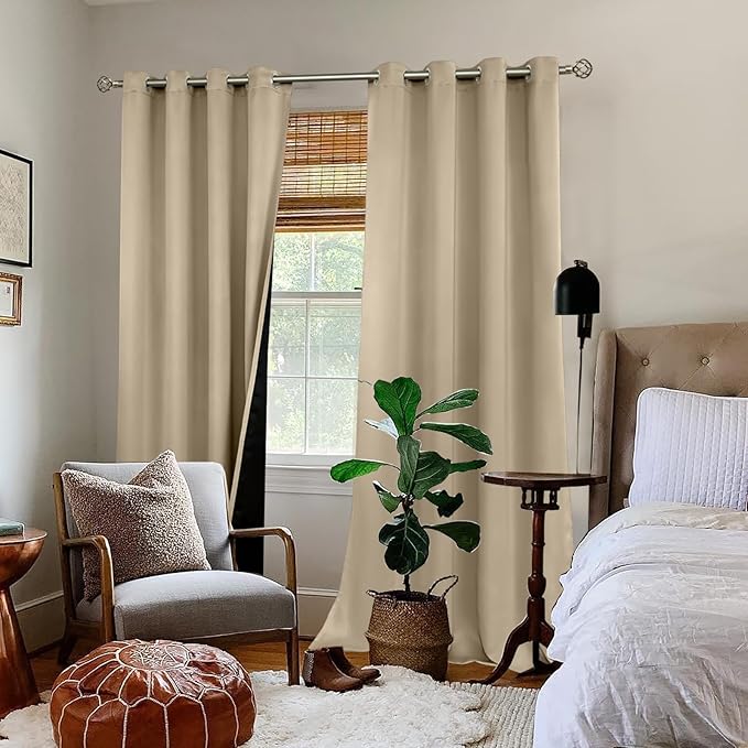 BGment Thermal Insulated 100% Blackout Curtains for Bedroom with Black Liner, Double Layer Full Room Darkening Noise Reducing Grommet Curtain (52 x 108 Inch, Sand, 2 Panels)