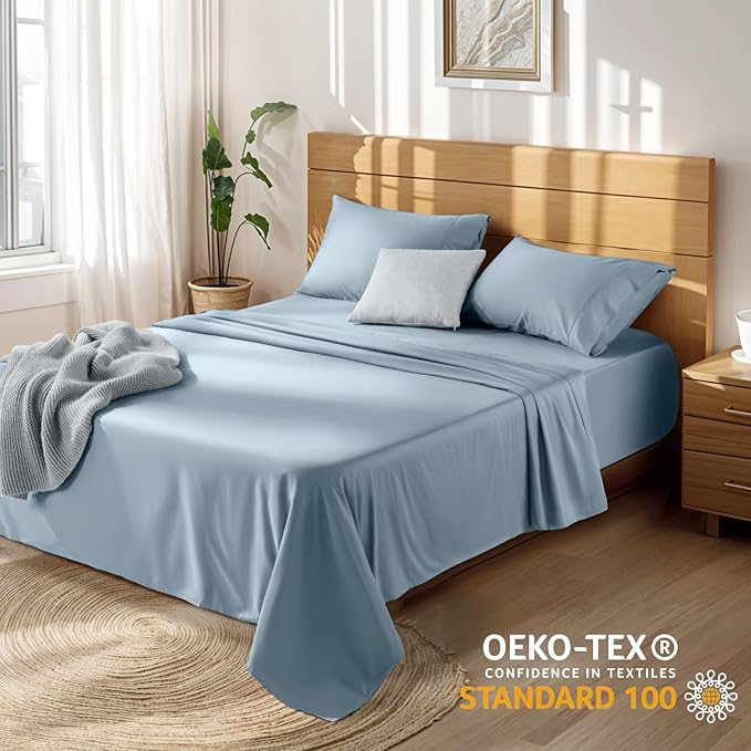LBRO2M 100% Cotton Sheets Set Deep Pocket 19", 1000 Thread Count Full Size 4 Piece Bed Sheet Sets Soft Comfortable Bedding All Season (Full, French Blue)