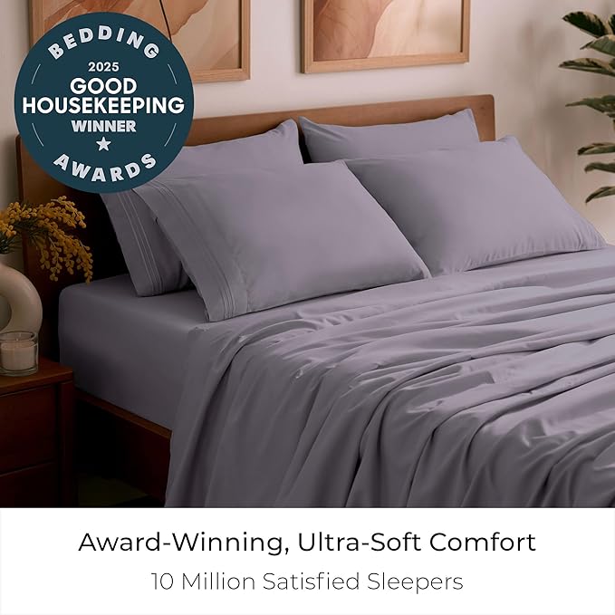 Mellanni Full Sheet Set - 6-Piece Iconic Collection Bedding, (Including 4 Pillowcases), 21-Inch Extra Deep Pocket, Easy Care, Ultra Soft, Cooling Sheets, Brushed Microfiber - Hazy Lilac