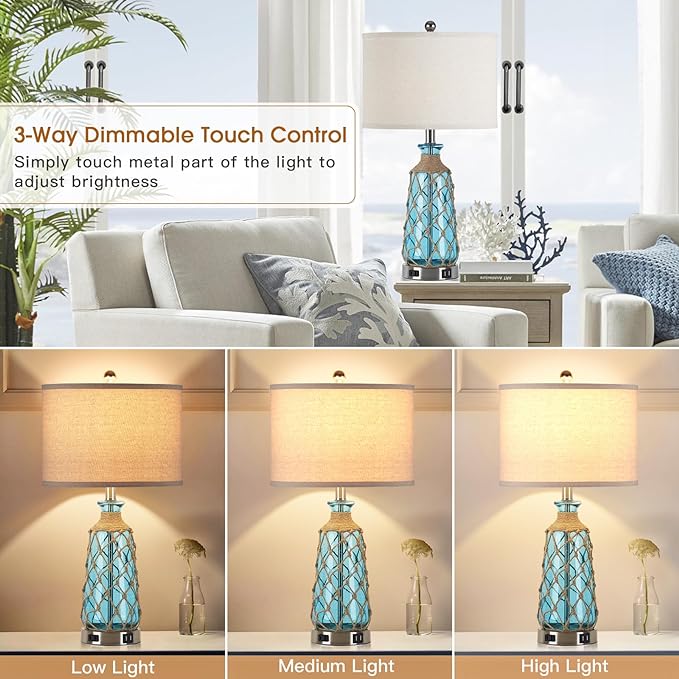 Coastal Glass Table Lamps, 3-Way Dimmable Touch Control Bedside Lamps with 2 USB Ports and AC Outlet, Teal Nautical Nightstand Lamps for Bedroom Living Room (LED Bulbs Included)