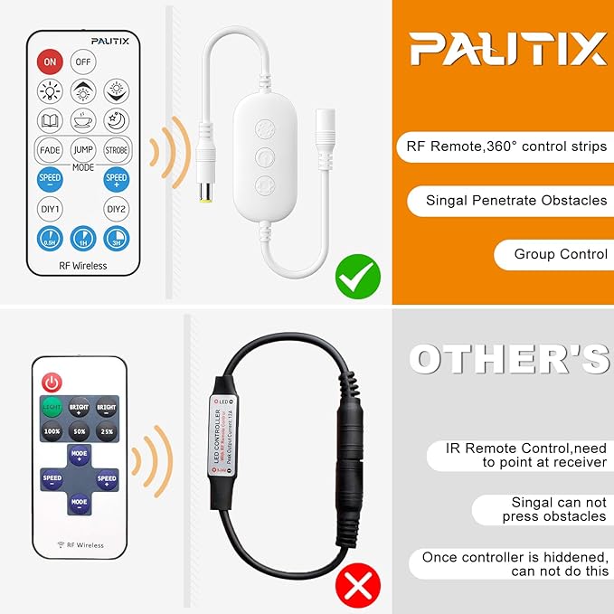 PAUTIX 2-Pack RF Remote LED Controller Dimmer,18-Key Wireless Remote and in-line Controller DC 12V-24V Switch Memory Function, for Single Color LED Strip Light,COB LED Strips,2835 3528 SMD LED Lights