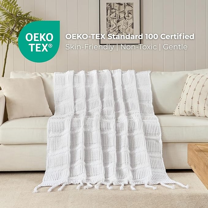 Boho Knitted Chenille Blanket with Tassels - Lightweight & Soft All-Season Throw - 3D Classic Pattern for Living Room Bedroom Couch, Cloud White, Throw 50"x60"