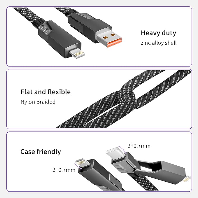 Firsting 4 in 1 Charging Cable 65W, USB C Cable Fast Charger Cord with E-Mark Chip, USB A/C to C/Lightning Cable, Multi iPhone Charger Cord for iPhone16/15/14/13 Series/Phones/Pads and Laptop