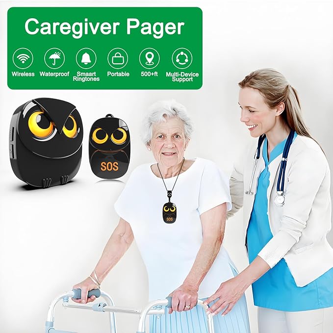 HTZSAFE Caregiver Pager Wireless Call Button 500+ Feet, SOS Alert Nurse Calling Elderly Fall Help System for Patient/Disabled Monitoring at Home, IP55 Waterproof, 1 Transmitter + 1 Receiver , Black