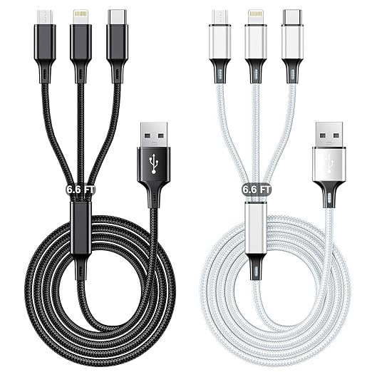 Multi USB Charging Cable 3A, (2Pack 6.6FT)3 in 1 Fast Charger Cord Connector with Dual Phone/Type C/Micro USB Port Adapter, Compatible with Tablets Phone 12 11 Pro 8 7 6 Samsung Galaxy(Charging Only)