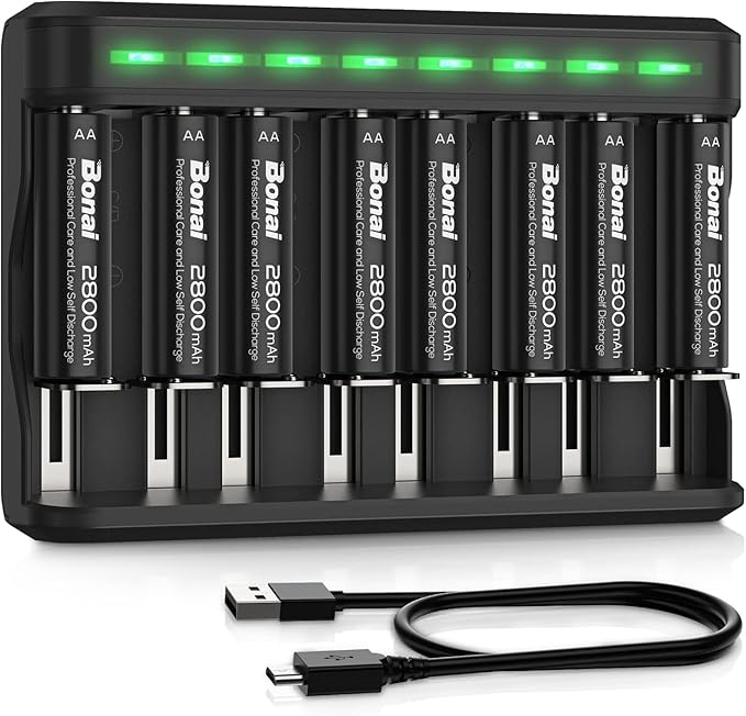 BONAI AA Rechargeable Batteries 2800mAh 8pack with Smart Charger for AA AAA C D NiMH Battery