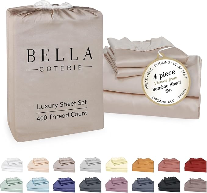 Bella Coterie Luxury Bamboo Viscose Full Size Sheet Set | 100% Organically Grown | Ultra Soft | Cooling for Hot Sleepers | 18" Deep Pocket [Dune]