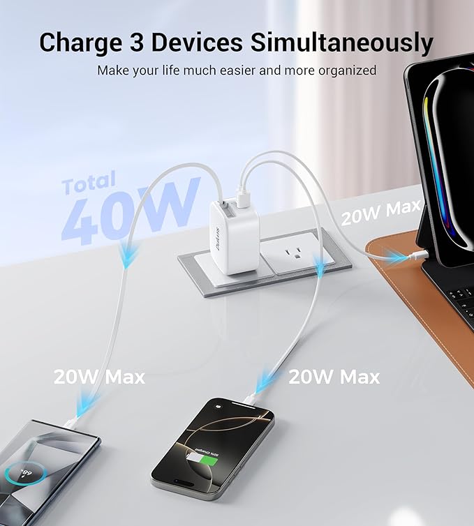Retractable Wall Charger,40W Dual Port QC3.0+PD Fast USB C Charging Block,Type C Power Adapter Brick Cube for iPhone 17/16/15/14/13/12 Pro Max Plus,Samseng Galxy S24/S23(with 2.6FT USB C Cable)