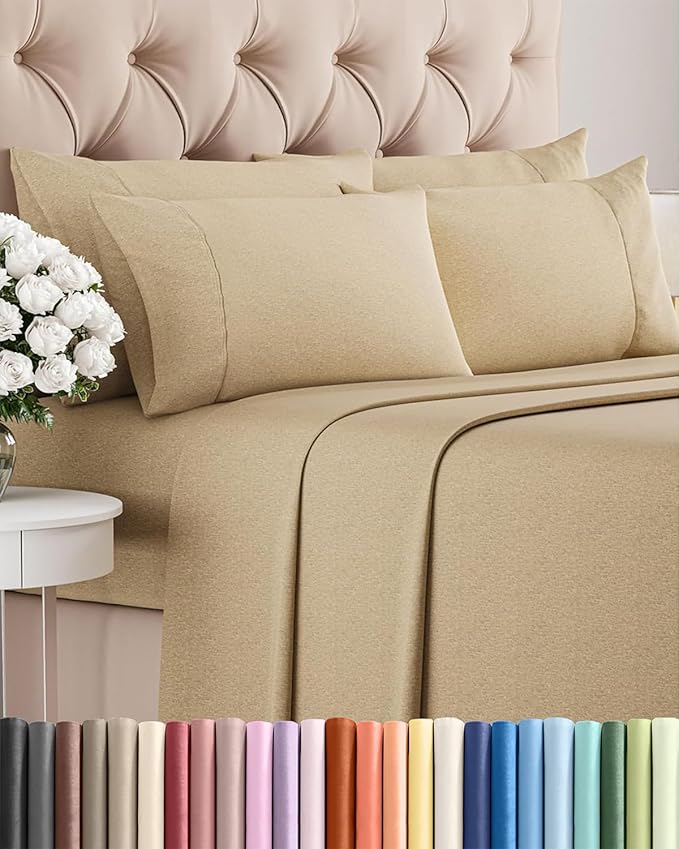 King 6 Piece Sheet Set - Cooling, Comfy & Breathable - Hotel Luxury Bedding, Includes Fitted Sheet for Women, Men, Kids & Teens - 1 Flat, 1 Fitted Sheet, 4 Pillowcases w/Deep Pockets - Heathered Tan