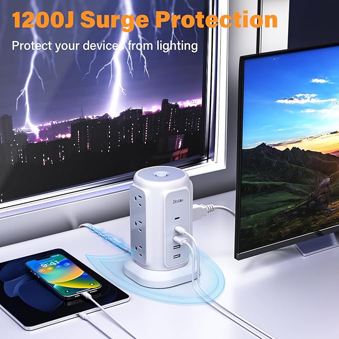 BESFAN Power Strip Tower, 1625W Surge Protector with 9AC Outlets 5 USB Ports, 6.5 FT Extension Cord Charging Tower for Multiple Devices, for Office Supplies, Dorm Room Essentials for Girls, Guys