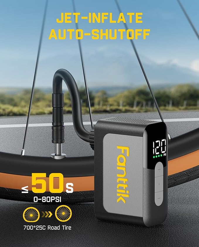 Fanttik X10 Ace Mini Bike Pump with Gauge, 120PSI Electric Tiny Bike Pump with Presta and Schrader Valve, Auto Stop, Fast Inflation for Road Bike