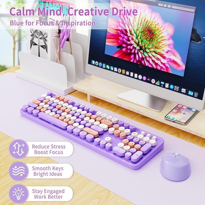 Nowlike Wireless Keyboard and Mouse Combo, Retro Typewriter Keyboard with Round Keycaps, Full-Size Ergonomic, Purple, Ideal for Windows PC, Home, Office, and College
