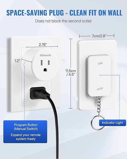 WILAWELS Remote Control Outlet Wireless Wall Mounted Light Switch, Wireless On Off Remote Outlet Switch with Magnetic Base, 100ft RF Range, 15A/1875W, Two Switches for One 0utlet W09RC2106