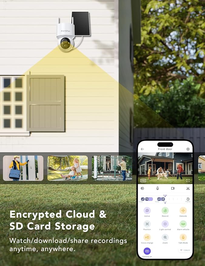 FAMVIVA 2K Solar Security Cameras Wireless Outdoor, 360°PTZ Battery Powered Cameras for Home Security, 2.4G WiFi Outdoor Camera with Color Night Vision, IP66 Waterproof, Motion Sensor Alarm, White