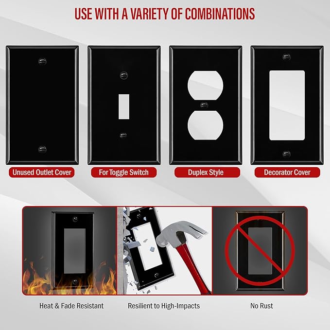 ENERLITES Decorator Switch Metal Wall Plate, Outlet Cover, Corrosion Resistant, Standard Size 1-Gang 4.50" x 2.76", Powder Coated Stamped Steel, 7731-BG, Black Gloss