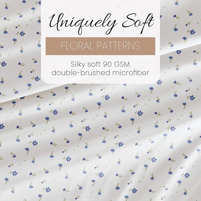 Linen Market Double-Brushed Patterned Microfiber Queen Sheet Set 4 Piece – Oeko-TEX Certified Ultra Soft & Wrinkle-Free - 16" Deep Pocket Sheets - Easy Care Queen Size - Soft Floral Light Blue
