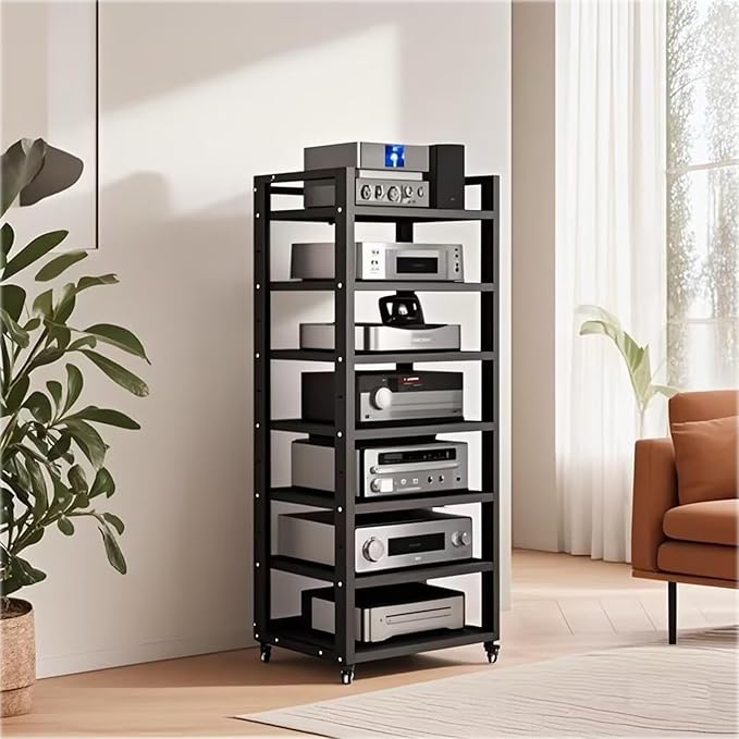 Dernoing 7 Tier Audio Rack Tower, CD Record Player Stereo Receiver AV Equipment Cabinet Display Rack, Weight Capacity 661 lbs, with Adjustable Wooden Shelves for Home (7 Tier Black)