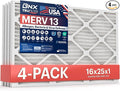BNX TruFilter 16x25x1 Air Filter MERV 13 (4-Pack) - MADE IN USA - Electrostatic Pleated Air Conditioner HVAC AC Furnace Filters for Allergies, Pollen, Mold, Bacteria, Smoke, Allergen, MPR 1900 FPR 10